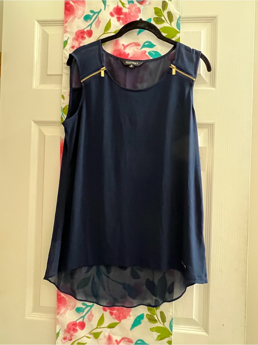 Ellen Tracy Navy Sleeveless Blouse with Gold Zipper Detail